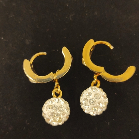 Disco Ball Titanium Globe Dangling earrings with Cubic Zirconia in Gold tone - Picture 3 of 5